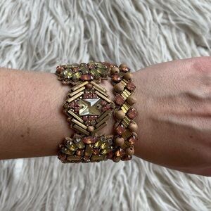 Deepa Gurnani Brown Leather Backed Beaded Crystal Two Tier Cuff Bracelet EUC OS